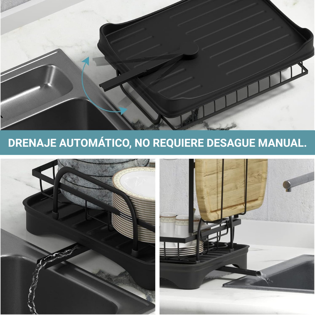 Escurridor de Platos 2 Niveles con Bandeja de Drenaje y Accesorios – Acero Inoxidable, Plegable, Negro