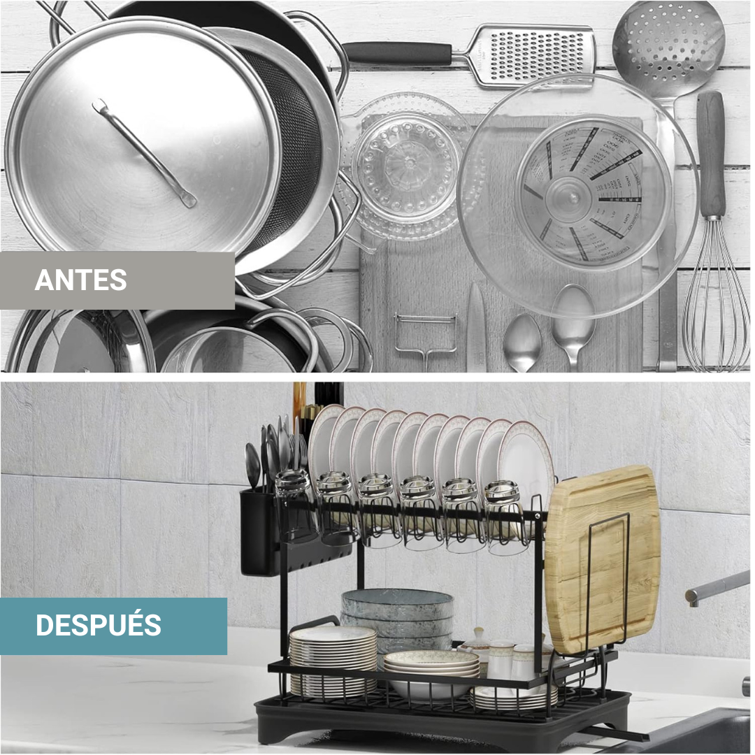 Escurridor de Platos 2 Niveles con Bandeja de Drenaje y Accesorios – Acero Inoxidable, Plegable, Negro