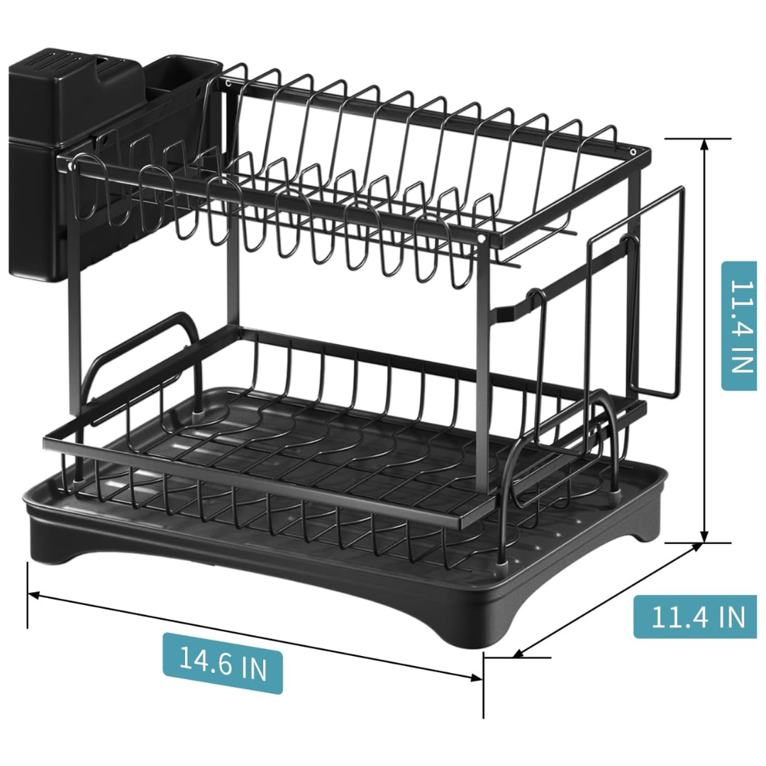 Escurridor de Platos 2 Niveles con Bandeja de Drenaje y Accesorios – Acero Inoxidable, Plegable, Negro