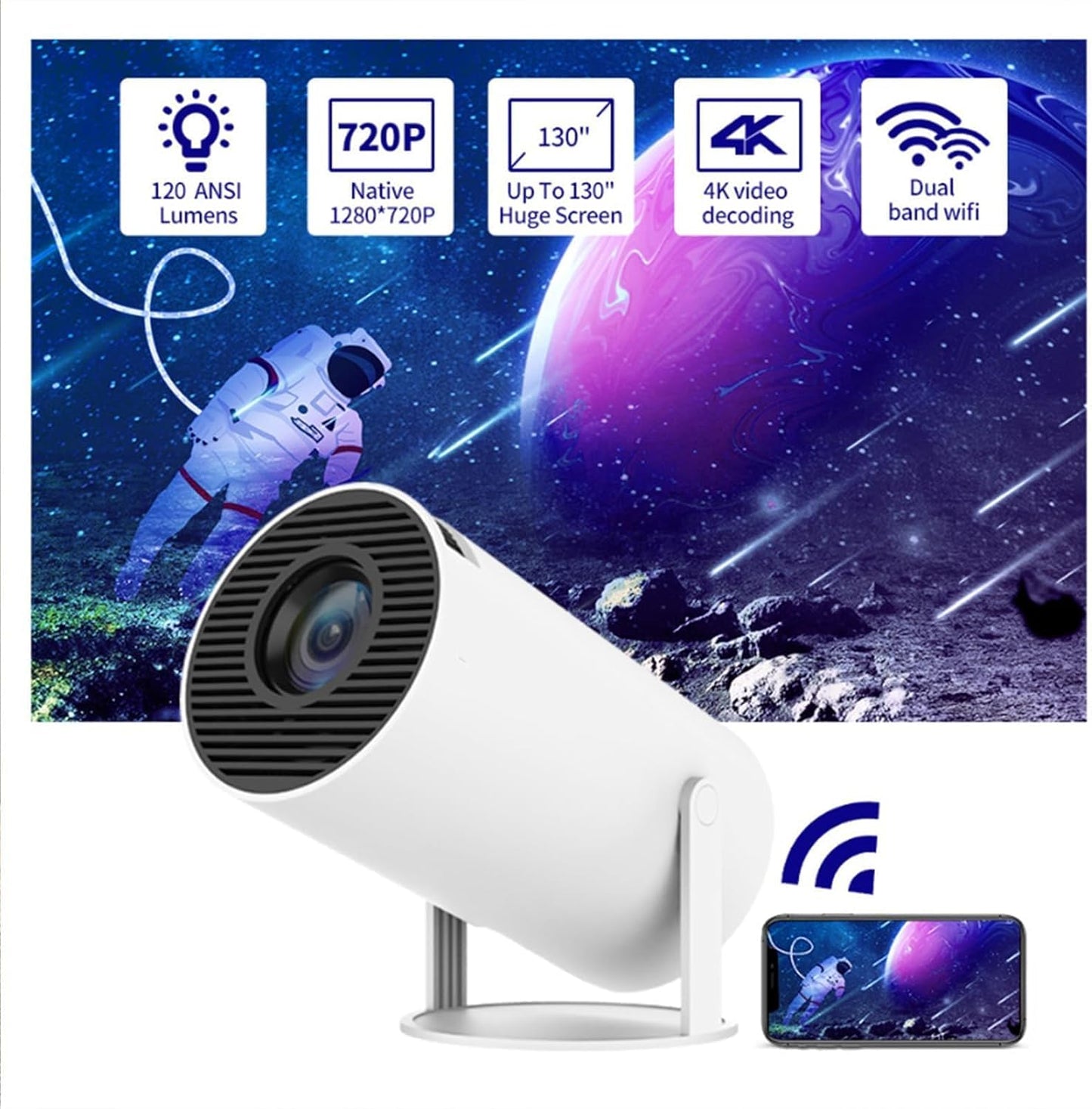 Proyector de Video Portátil Ultra HD – Mini Proyector Full HD 1080P con Conectividad Inalámbrica