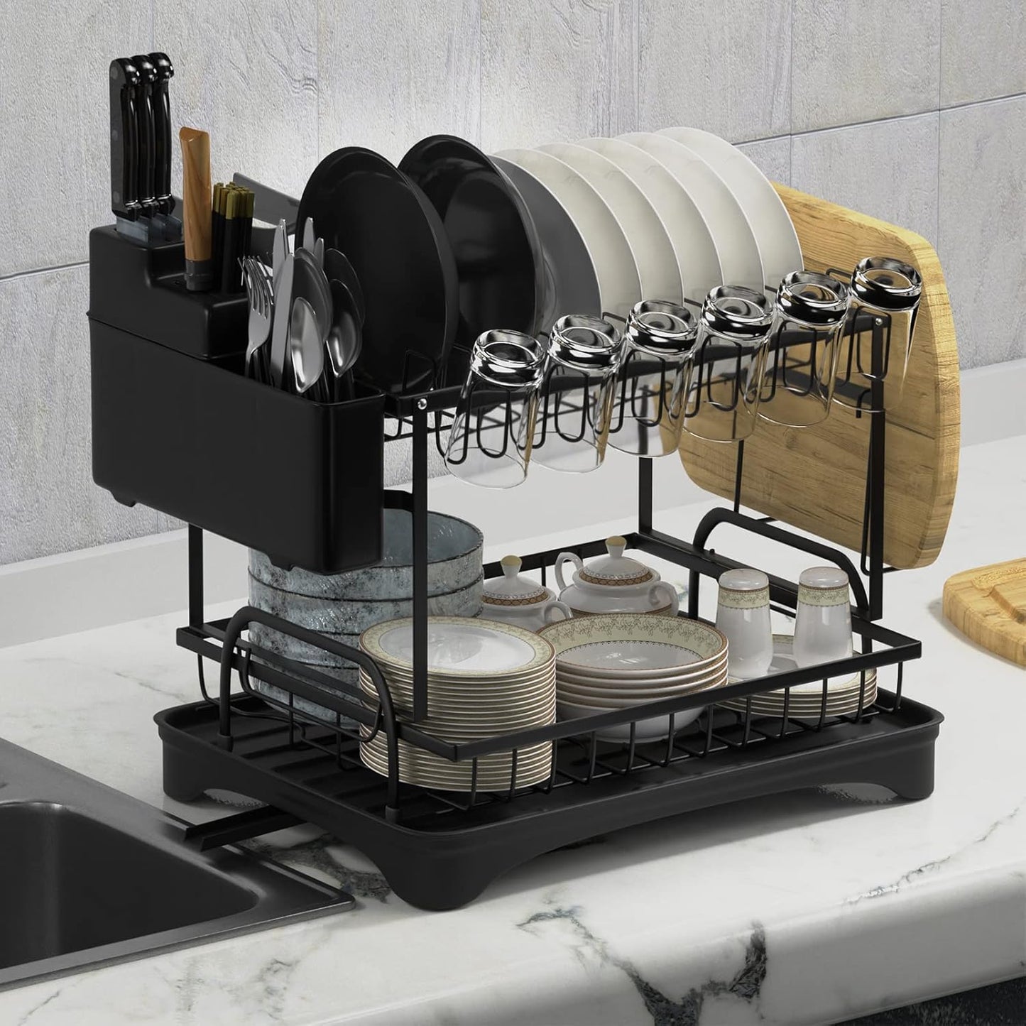 Escurridor de Platos 2 Niveles con Bandeja de Drenaje y Accesorios – Acero Inoxidable, Plegable, Negro