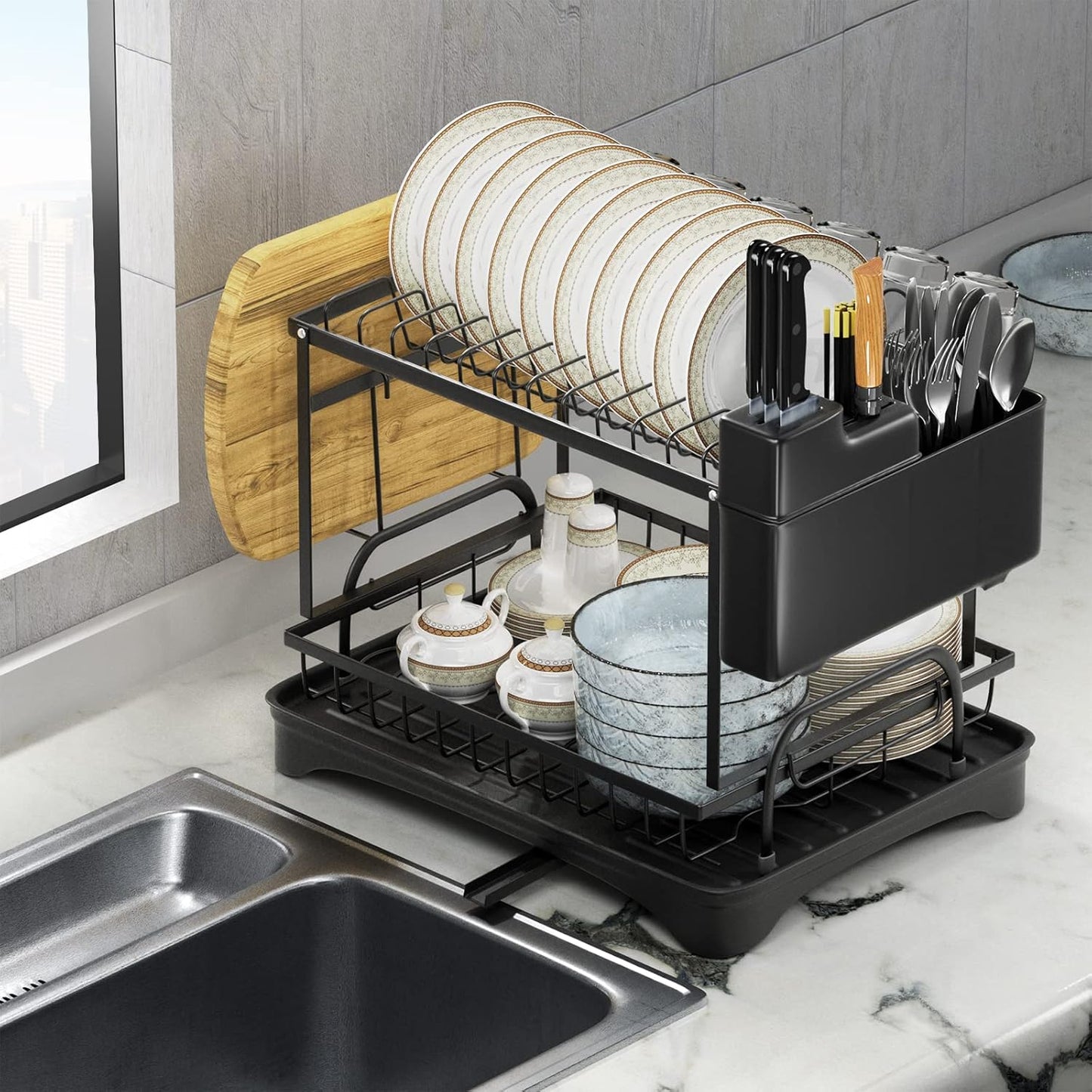 Escurridor de Platos 2 Niveles con Bandeja de Drenaje y Accesorios – Acero Inoxidable, Plegable, Negro