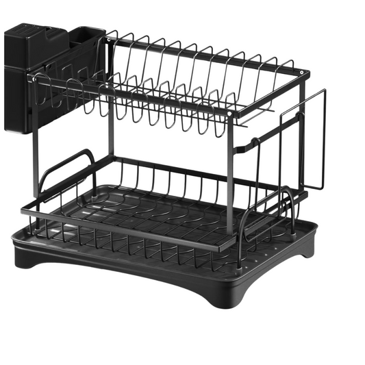 Escurridor de Platos 2 Niveles con Bandeja de Drenaje y Accesorios – Acero Inoxidable, Plegable, Negro